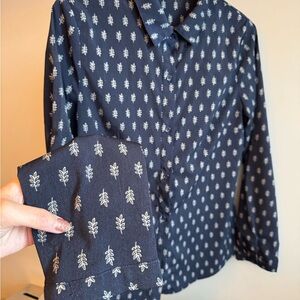 Navy Blue Leaf European Print Shirt